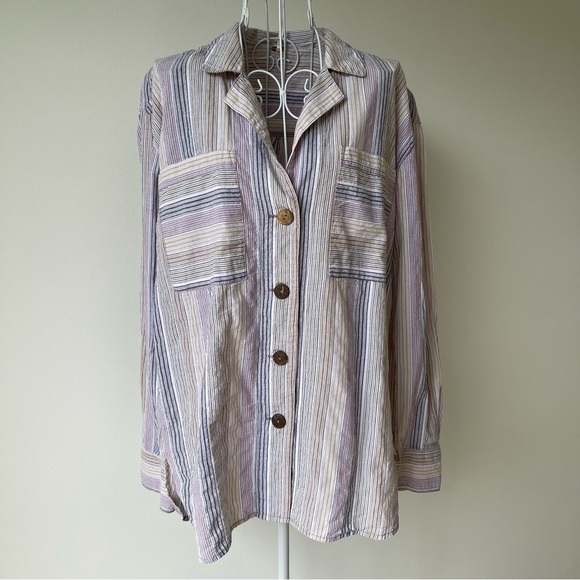 Free People High Tide Striped Boho Button-Down Top blouse pink white size S - Picture 4 of 13
